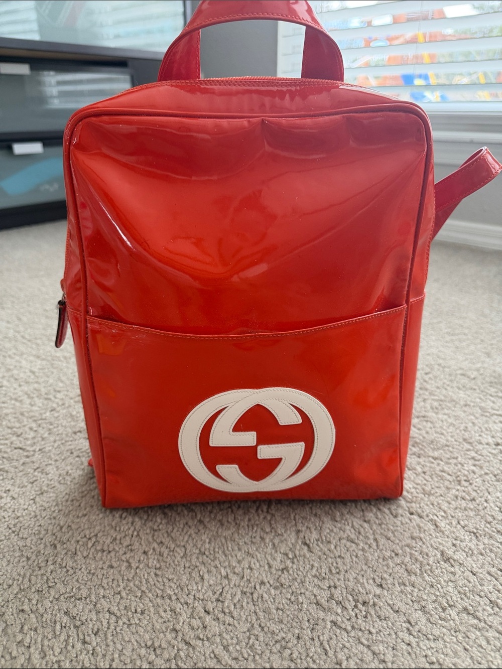 Gucci bright orange Patent Backpack with White Logo